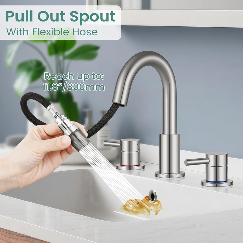 IUERASD Brushed Nickel Pull Down Bathroom Faucet 3 Hole with Pop Up Drain, Bathroom Sink Faucet with Pull Down Sprayer 2 Modes, 8 inch Widespread Gold Faucet for Bathroom Sink, 2 Handle Vanity Faucet - Image 2